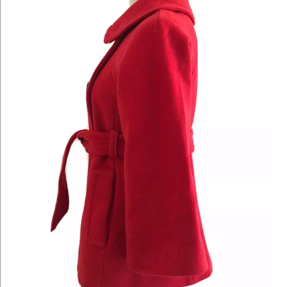 J.Crew | Bell Sleeves Double Breasted Belt Pea Coat Womens Size 2 Red Wool Blend - Picture 5 of 9